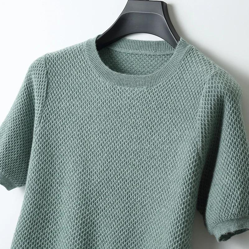 T-Shirt tricoté en laine mérinos pour hommes, col rond, aiguille en nid d'abeille, gilet à manches c