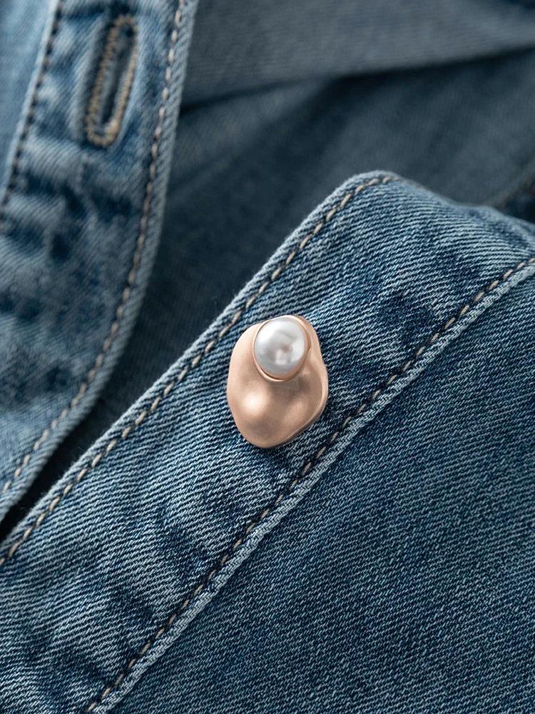 FSLE-Chemise en denim bleu doux pour femme, chemise à col en V empilable, chemise décontractée, chem