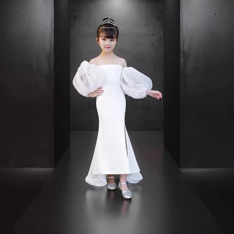 Robe sirène blanche sans bretelles pour filles avec traîne, tenue de cérémonie pour fête, costume de