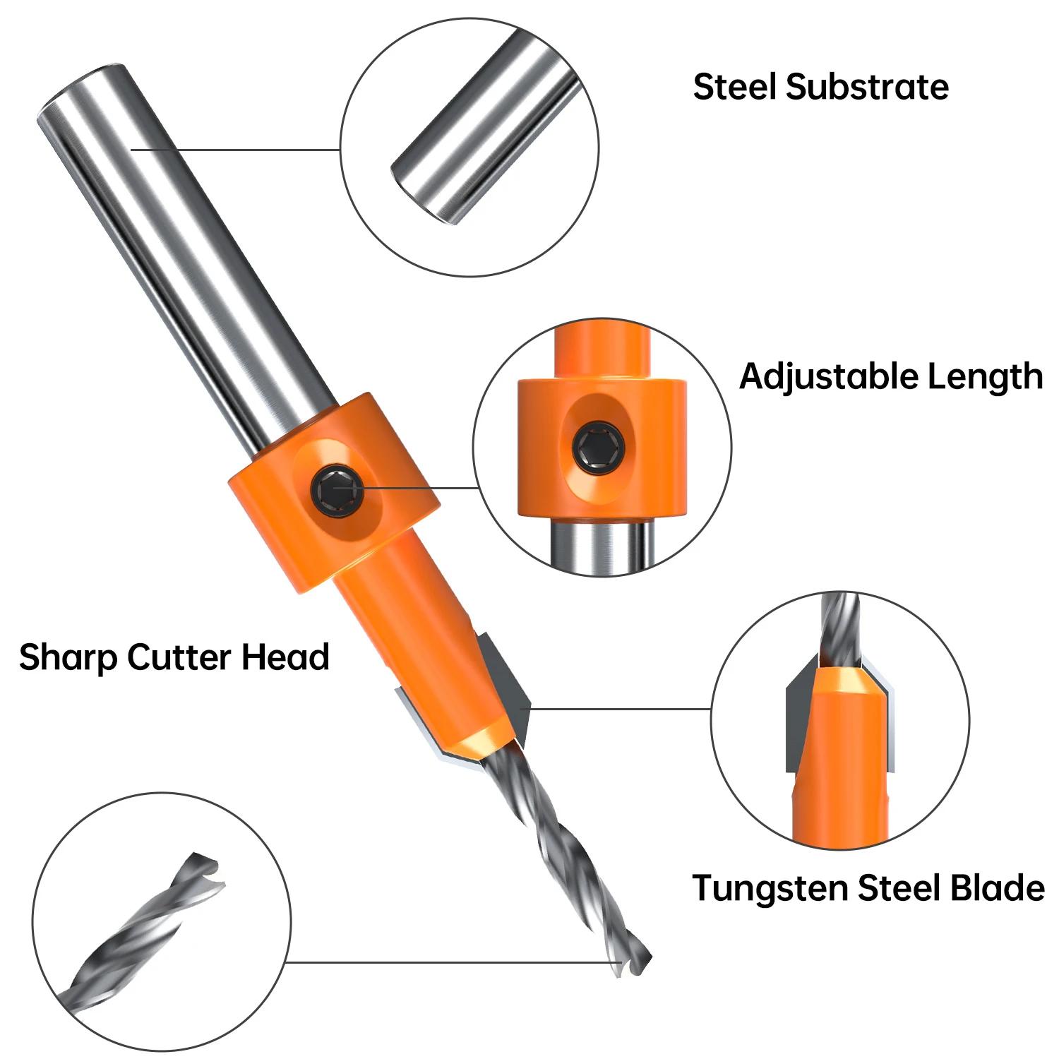 HUHAO 1/5 pièces contre-évier foret ensemble pour bois 8mm tige HSS bois vis perceuse routeur Bits t