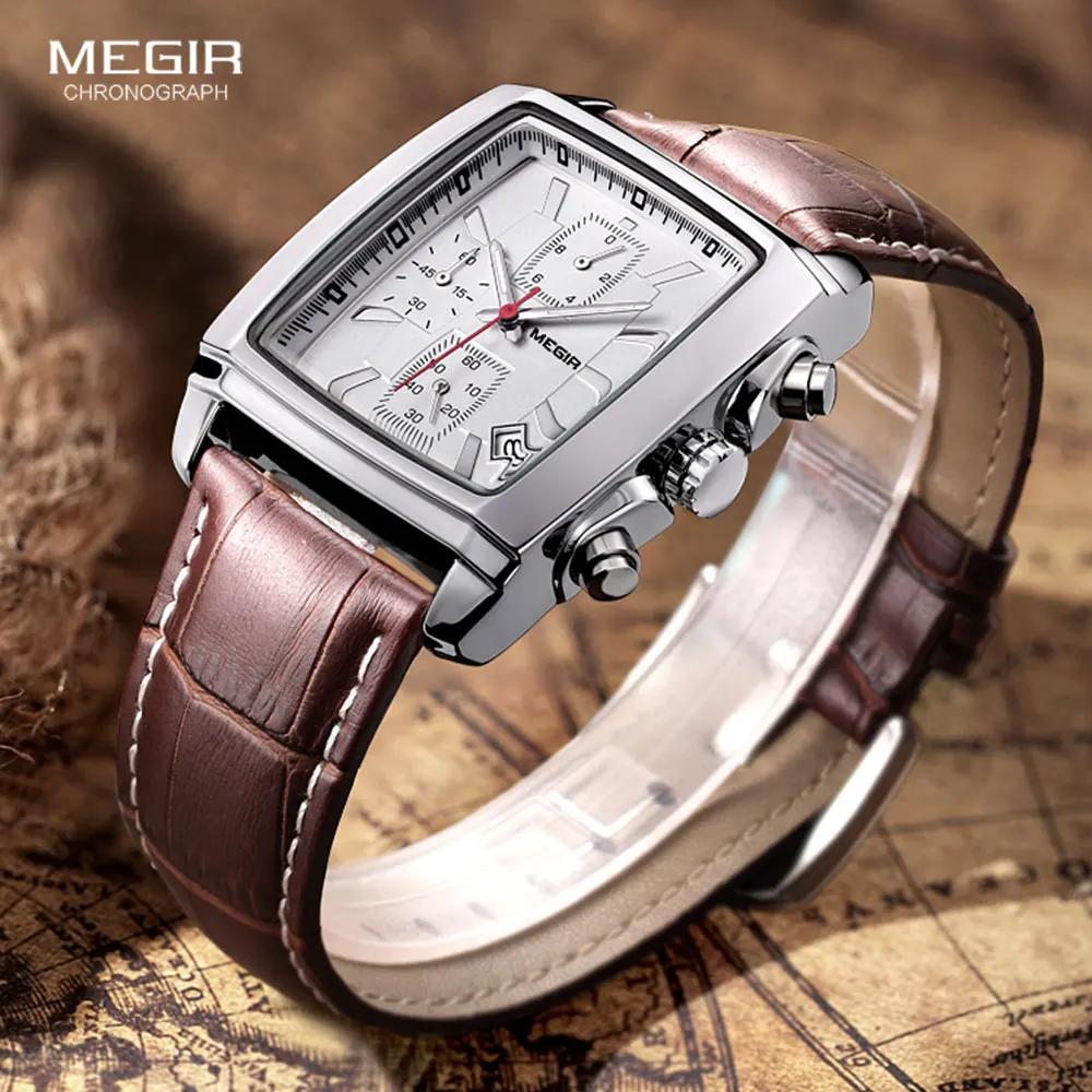 Megir cadran rectangulaire bracelet en cuir Montre pour hommes décontracté bleu chronographe montres