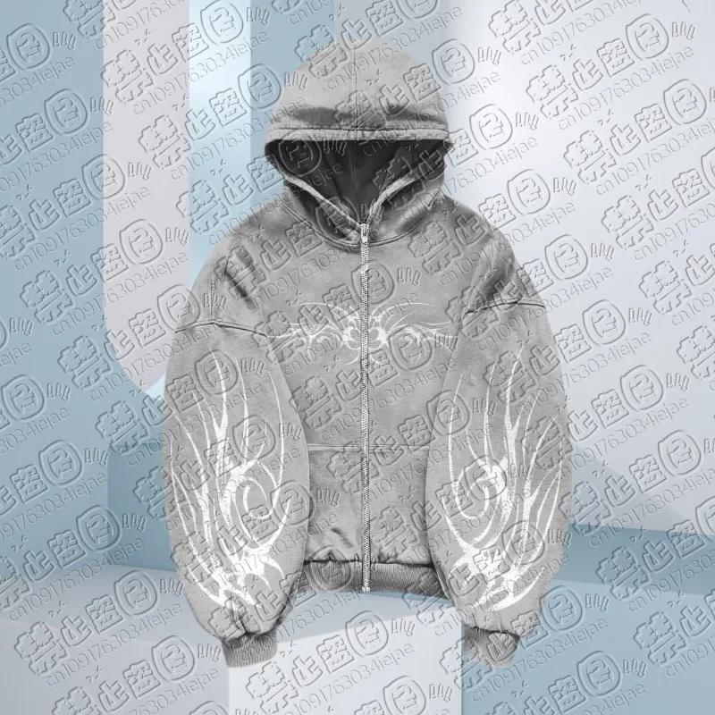 Sweat à capuche Hip Hop pour hommes, fermeture éclair, noir, gris, motif imprimé foncé 3D, gothique,