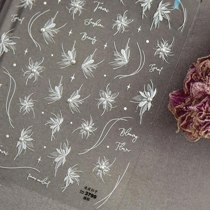 Autocollants pour ongles translucides 5D, haute qualité, en relief, blanc pur, perle dahlia, strass