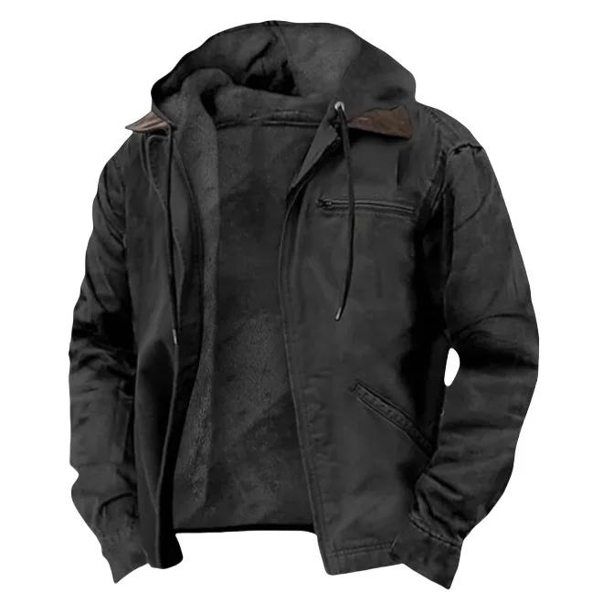 Veste d'hiver en peluche pour homme, style vintage, couleur unie, avec fermeture éclair, capuche, ma