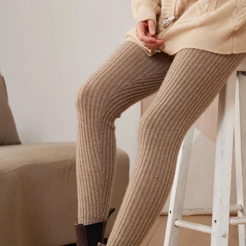 FJG-Pantalon long en cachemire élastique pour femme, legging en tricot pour femme, taille haute, 100