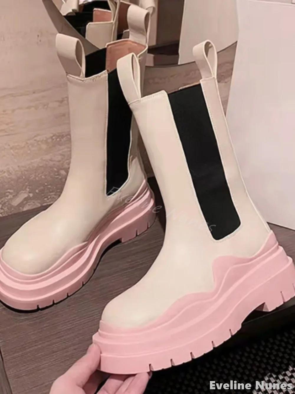 Bottes mi-mollet à semelle optique rose pour femmes, bottes rondes Parker, talon épais, sans lacet,