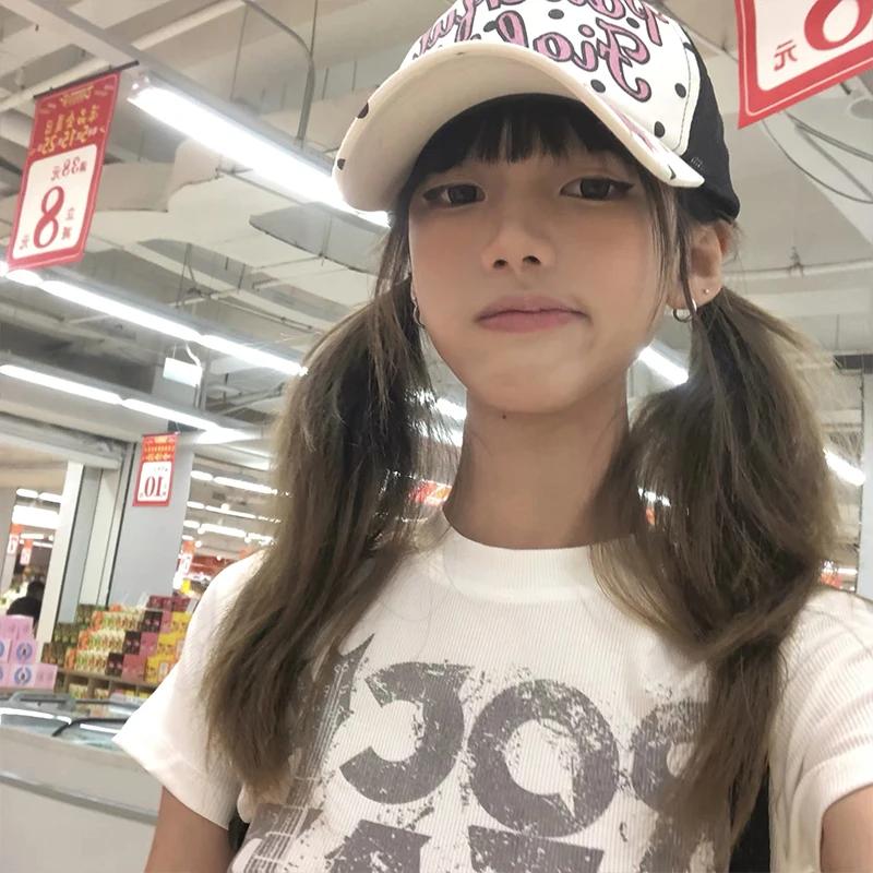 Karrram japonais Y2k lettre impression T-shirt 2000s Style à manches courtes haut court Vintage Hara