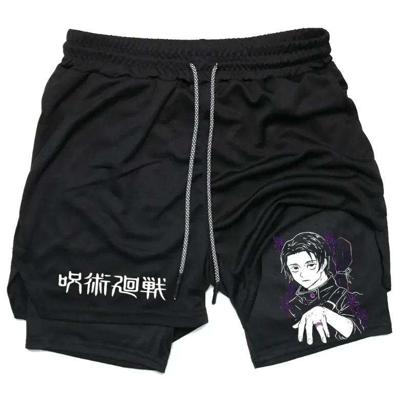 Short de compression 2-en-1 pour hommes, idéal pour la gym, la course et l'athlétisme, motif Anime J