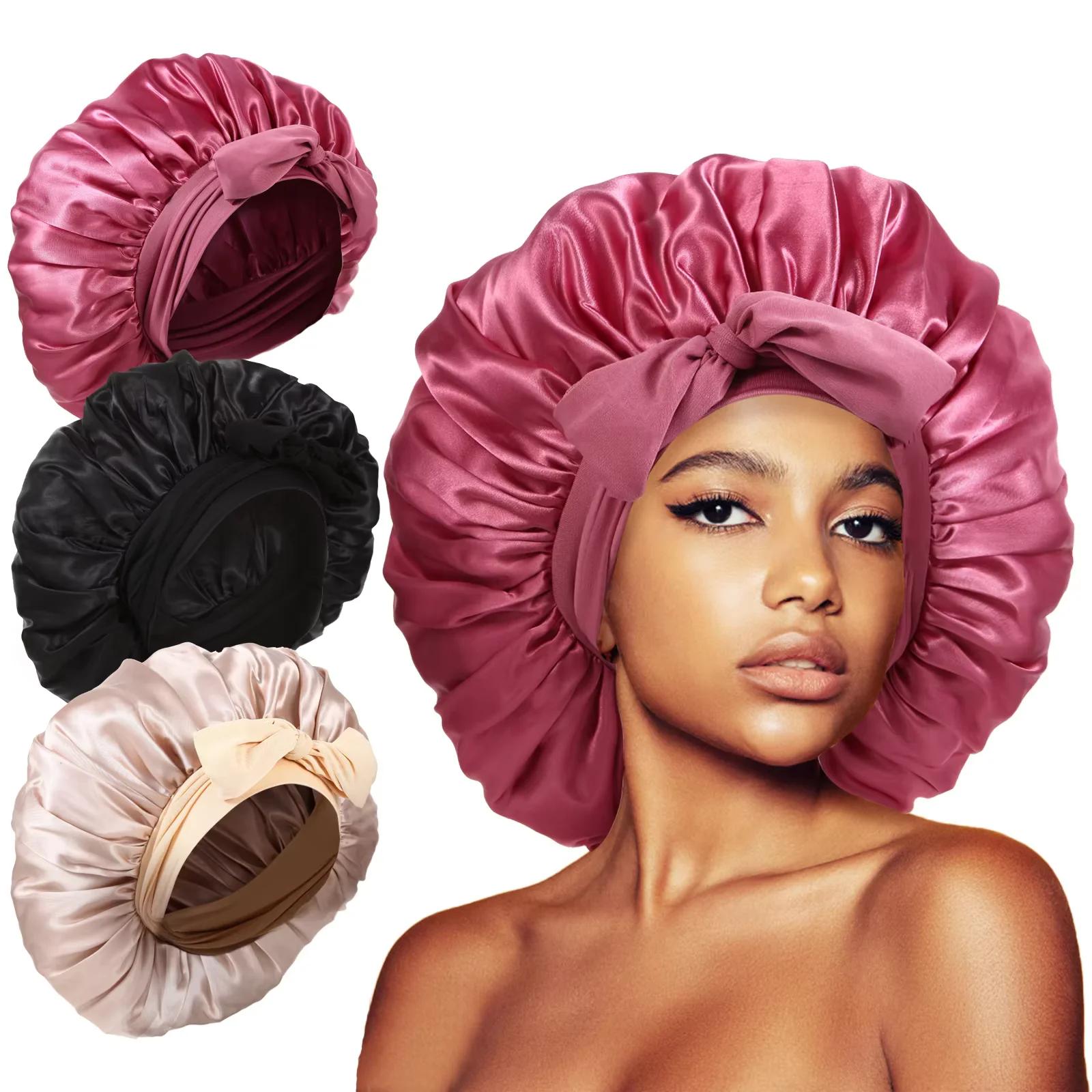 Grand Bonnet en Satin pour femmes, Bonnet de nuit soyeux avec bandeau à nouer extensible, bonnet de