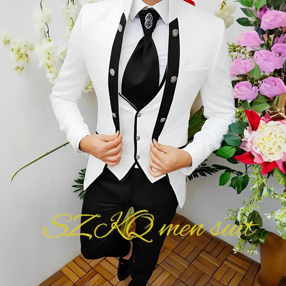 Veste et pantalon à fleurs blanches pour hommes, smoking de mariage, glaaught, ensemble 3 pièces, bl