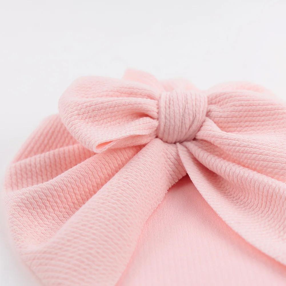Turban côtelé texturé solide pour bébé, chapeaux avec nœud supérieur, pour nouveau-né, garçon et fil