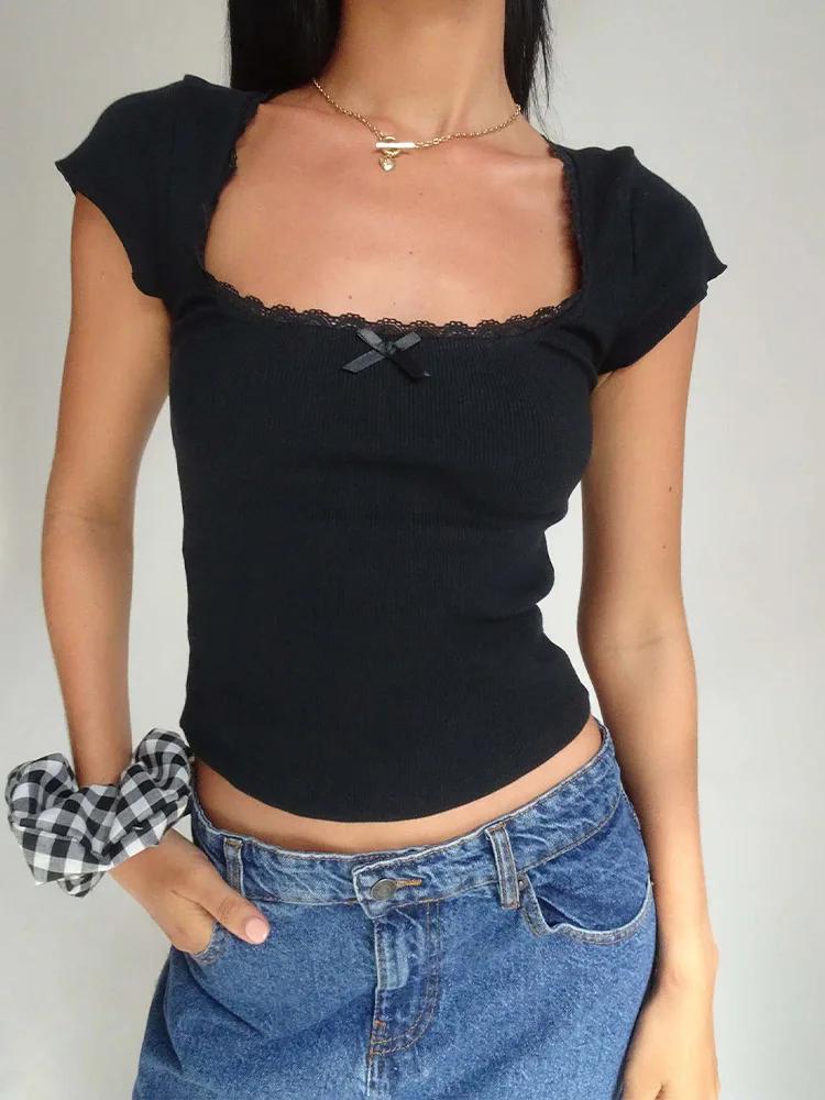 Y2k Vintage bébé T-Shirt Cottage dentelle garniture tricoté T-Shirt été col carré à manches courtes