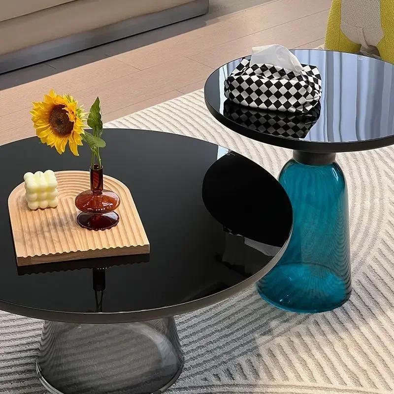 Table Basse Transparente en Verre Coloré pour Salon, Ronde, Haut de Gamme