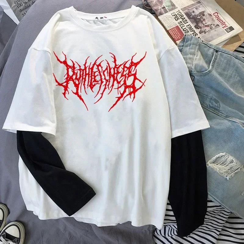 Mode Punk Style foncé imprimé col rond T-shirt Y2K Sport Harajuku mince femmes haut manches longues