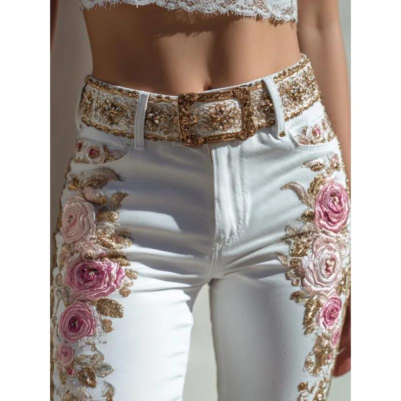 Jeans à jambes droites à imprimé floral pour femmes, style européen et américain, pantalon en denim