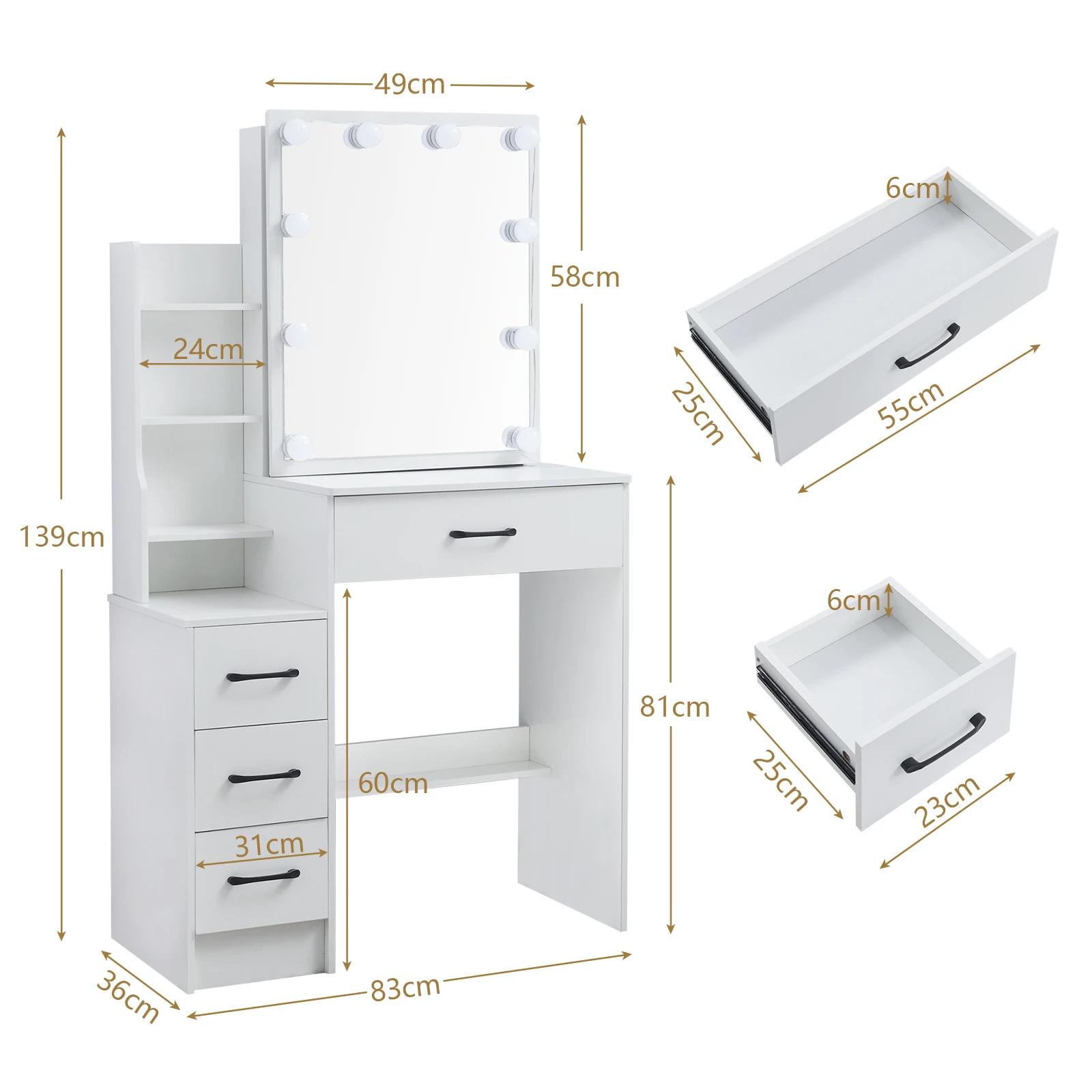Commode avec miroir à ampoule LED, ensemble de vanité avec 4 portes de proximité, 3 motifs lumineux