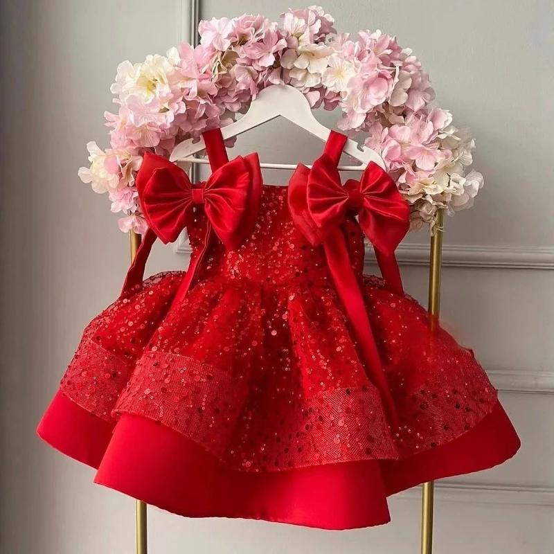 Nouvelle Robe de Soirée Princesse Rouge 2026 pour Filles, en Tulle Bouffant à Paillettes, Robe d'Ann