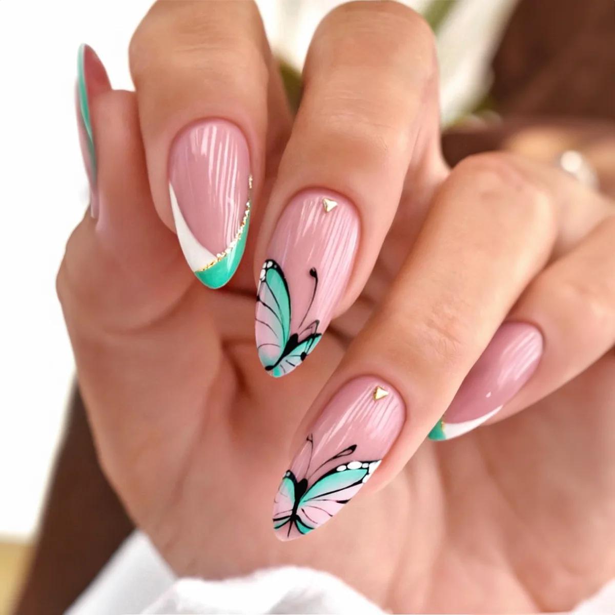 24 faux ongles courts en amande à presser, motif pomme rouge, avec strass ovales, à couverture compl