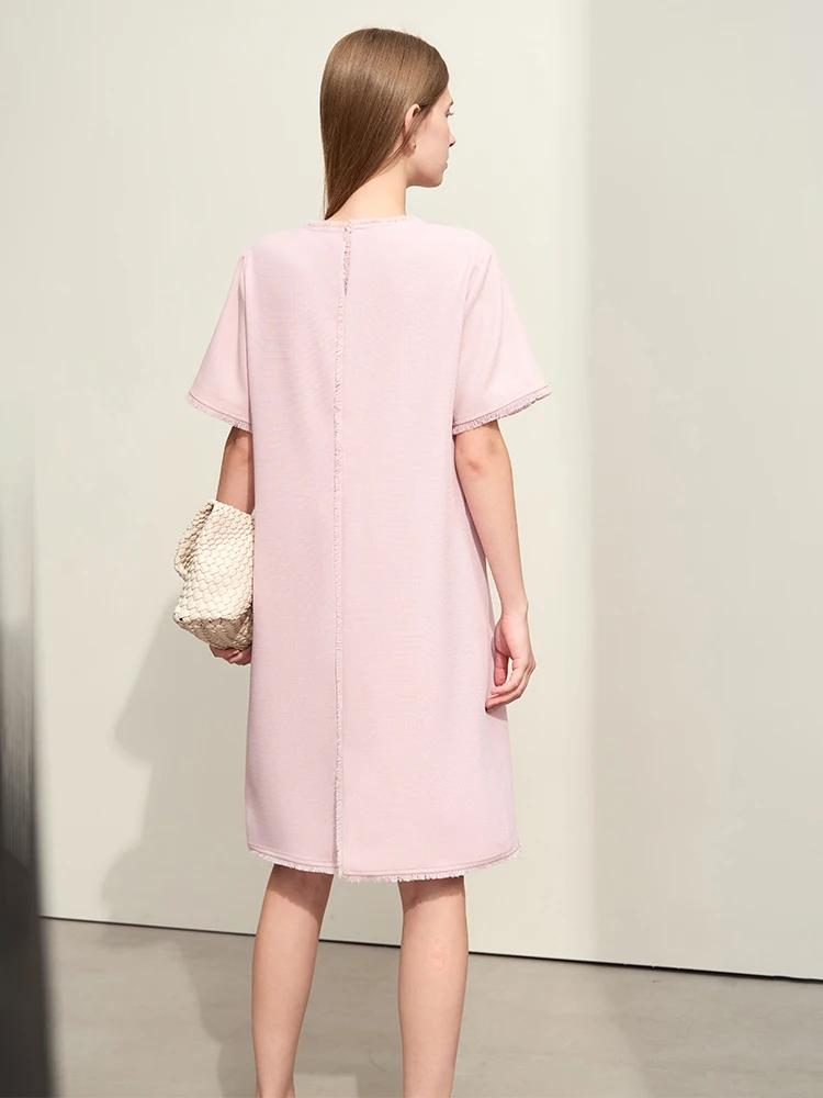 Amii-Robe mi-longue droite à manches courtes pour femmes, robes minimalistes, pompon épissé, léger,
