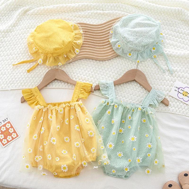 Vêtements d'été pour bébés filles, combinaison + chapeau, manches volantes, impression en coton, mai