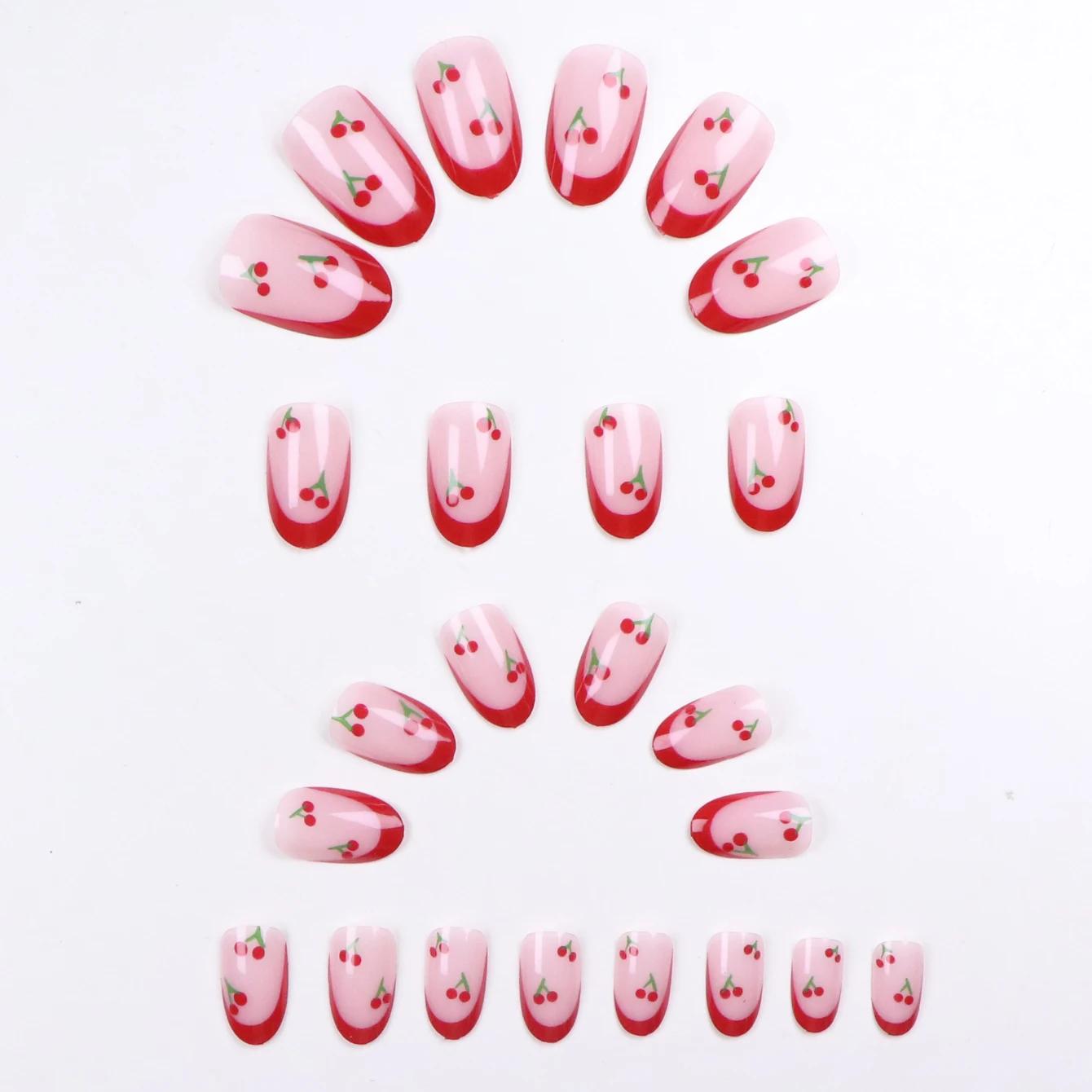 24 pièces mis à niveau votre look avec un ensemble de faux ongles cerise amande à bords rouges 1 lim