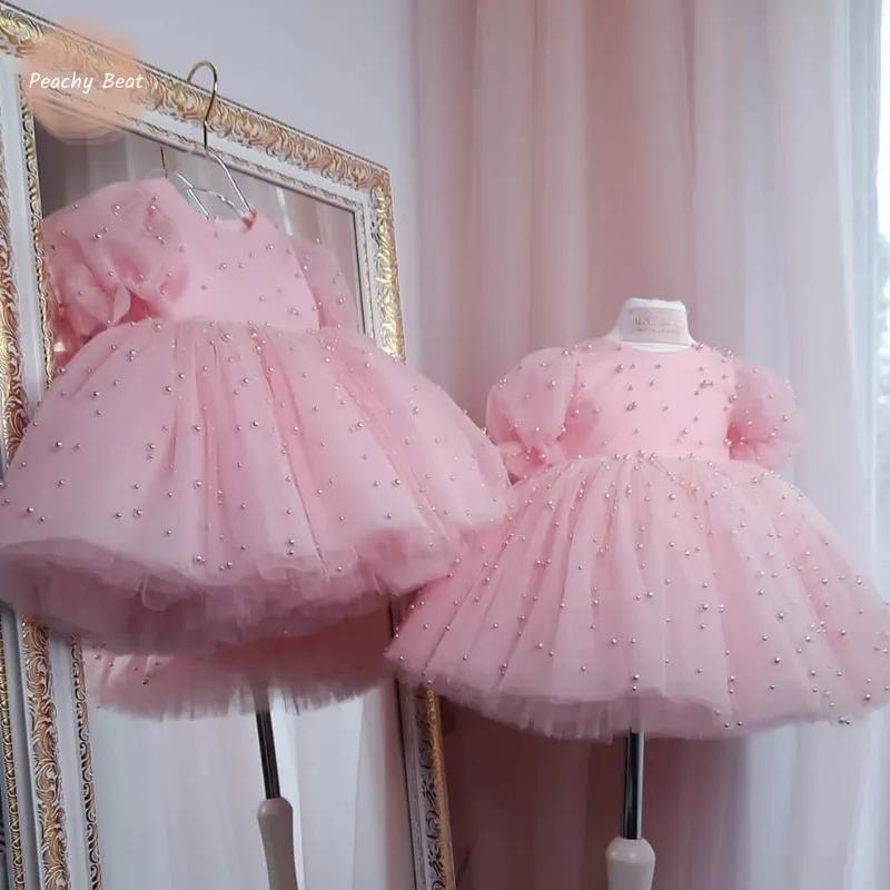 Robe de princesse tutu perlée pour bébé fille, manches bouffantes, nœud en tulle, vêtements de fête