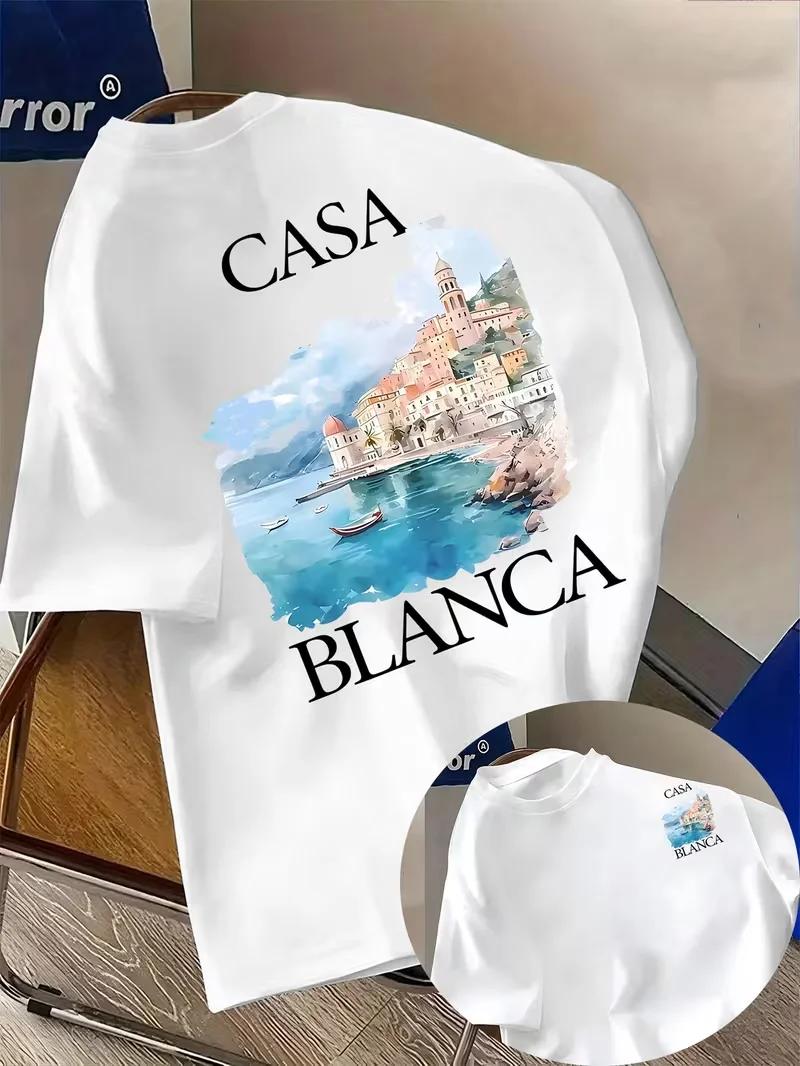 T-shirt graphique paysage côtier Casablanca, tee-shirt décontracté à imprimé rétro pour vacances d'é