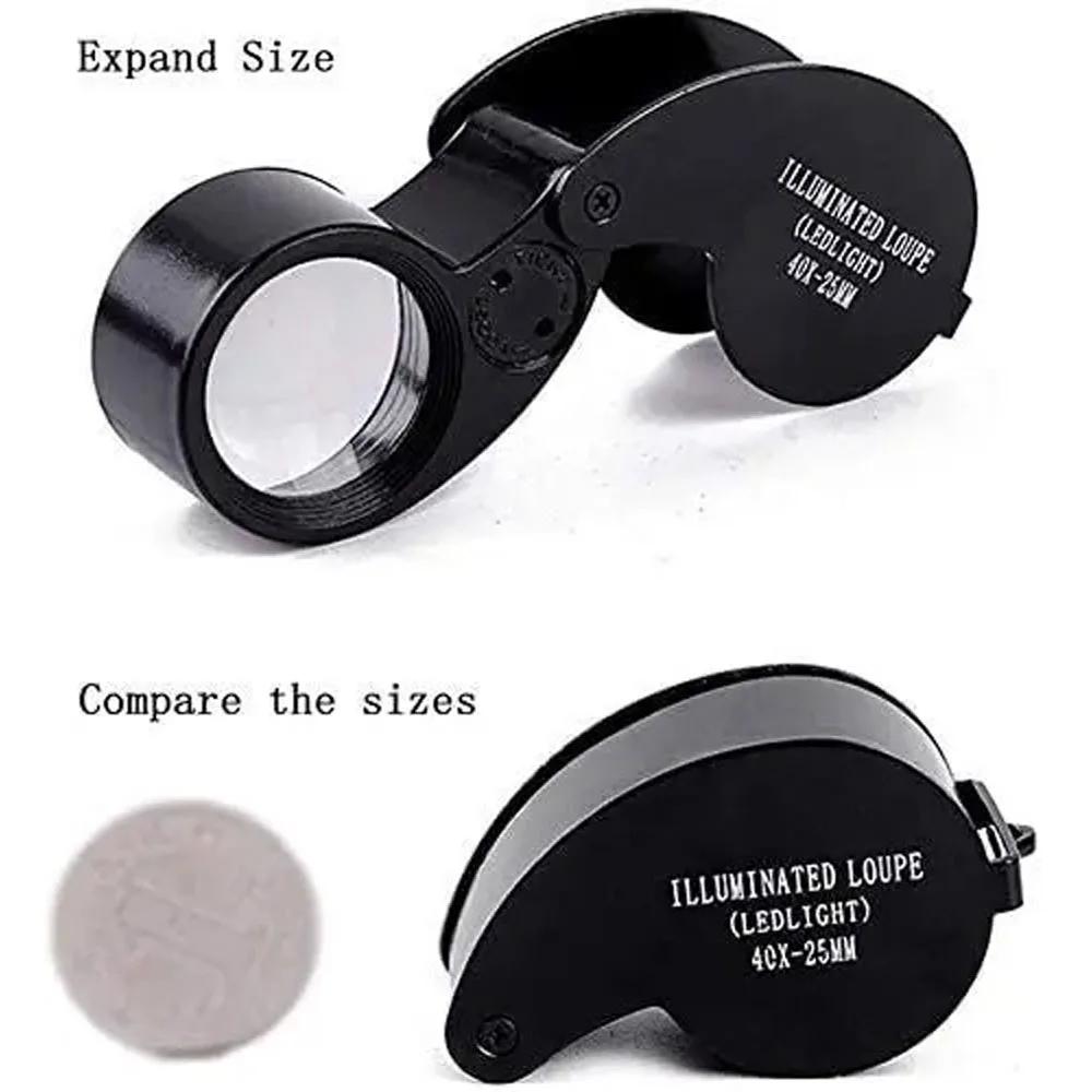 Loupe de bijoutier pliante de poche 40X, Loupe avec lumière pour montre, pièces de monnaie, timbres,