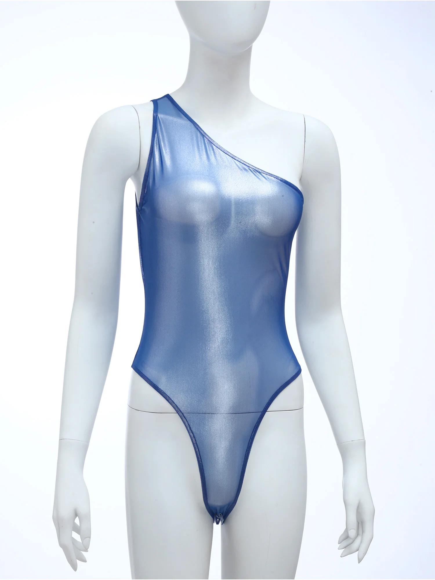 Maillot de bain une pièce en maille transparente pour femmes, asymétrique épaule dénudée, sans manch