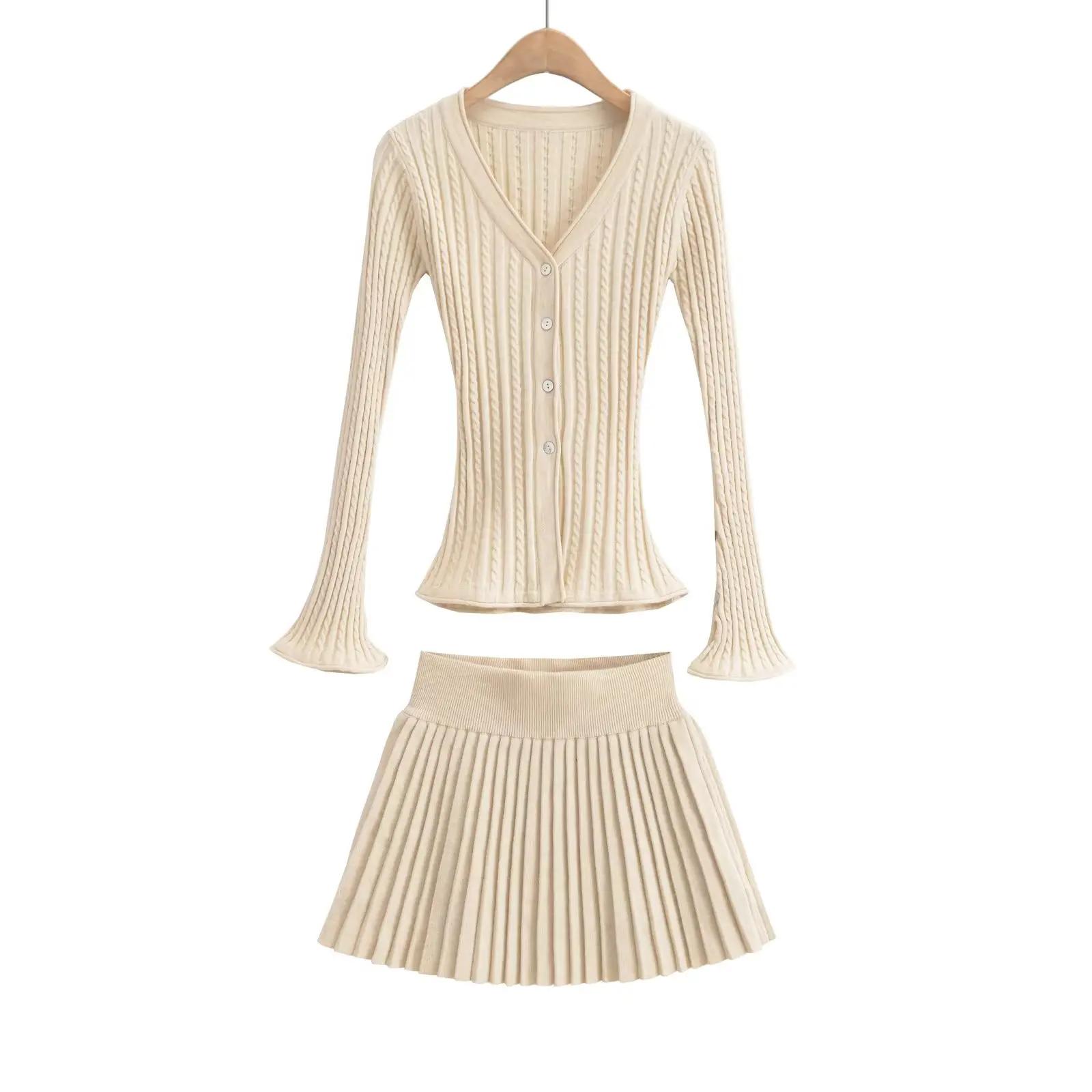 Cardigan en tricot torsadé à col en V pour femmes, taille élastique, mini jupe plissée, olympiques a