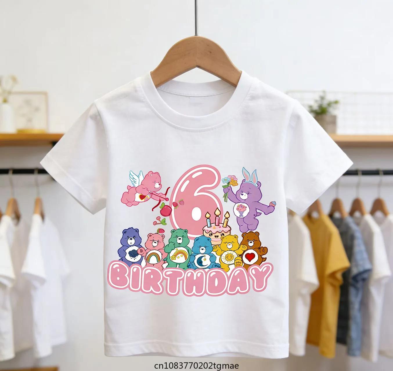 T-shirt à manches courtes pour filles, avec numéro d'anniversaire, motif Care Bear, pour enfants, ét