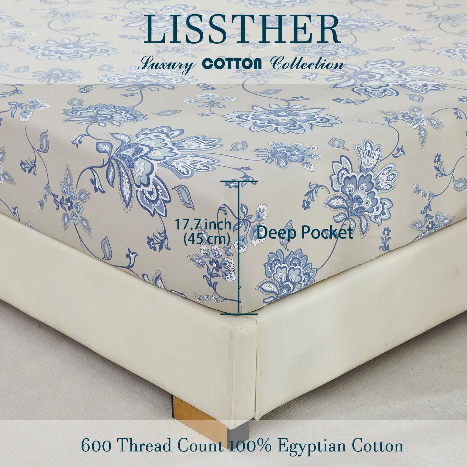 Ensemble de draps en coton égyptien 100% 600TC, 4 pièces, motif Paisley damassé bleu Boho, doux pour
