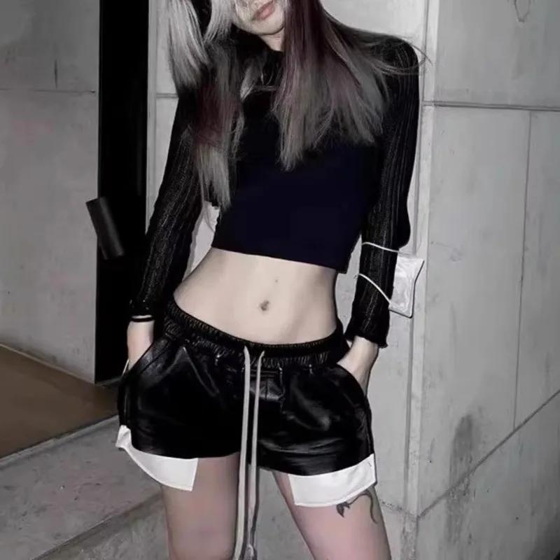 Shorts en cuir PU pour femmes HKSH 2026, style sombre RO, fente latérale, bloc de couleur, taille él