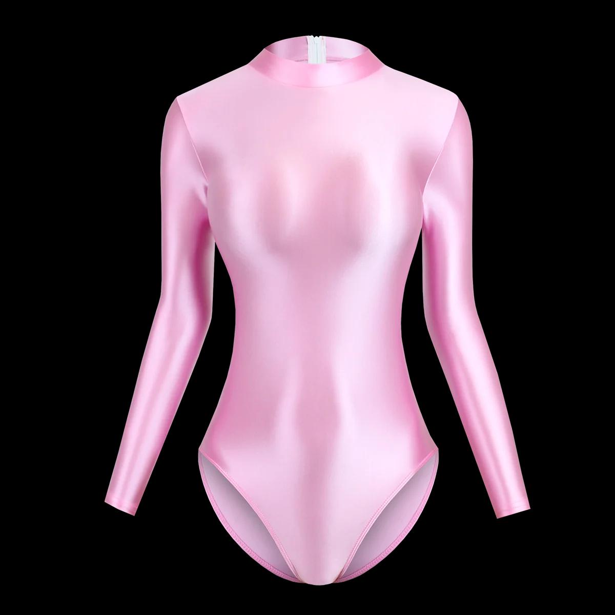 Maillot bain une pièce satin femme manches longues - Justaucorps sexy dos zip grande taille