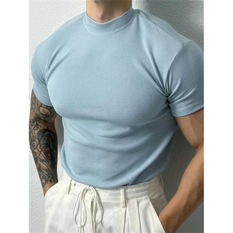 T-shirt sport homme rayé printemps été - Col haut élastique pour fitness et activités de loisirs