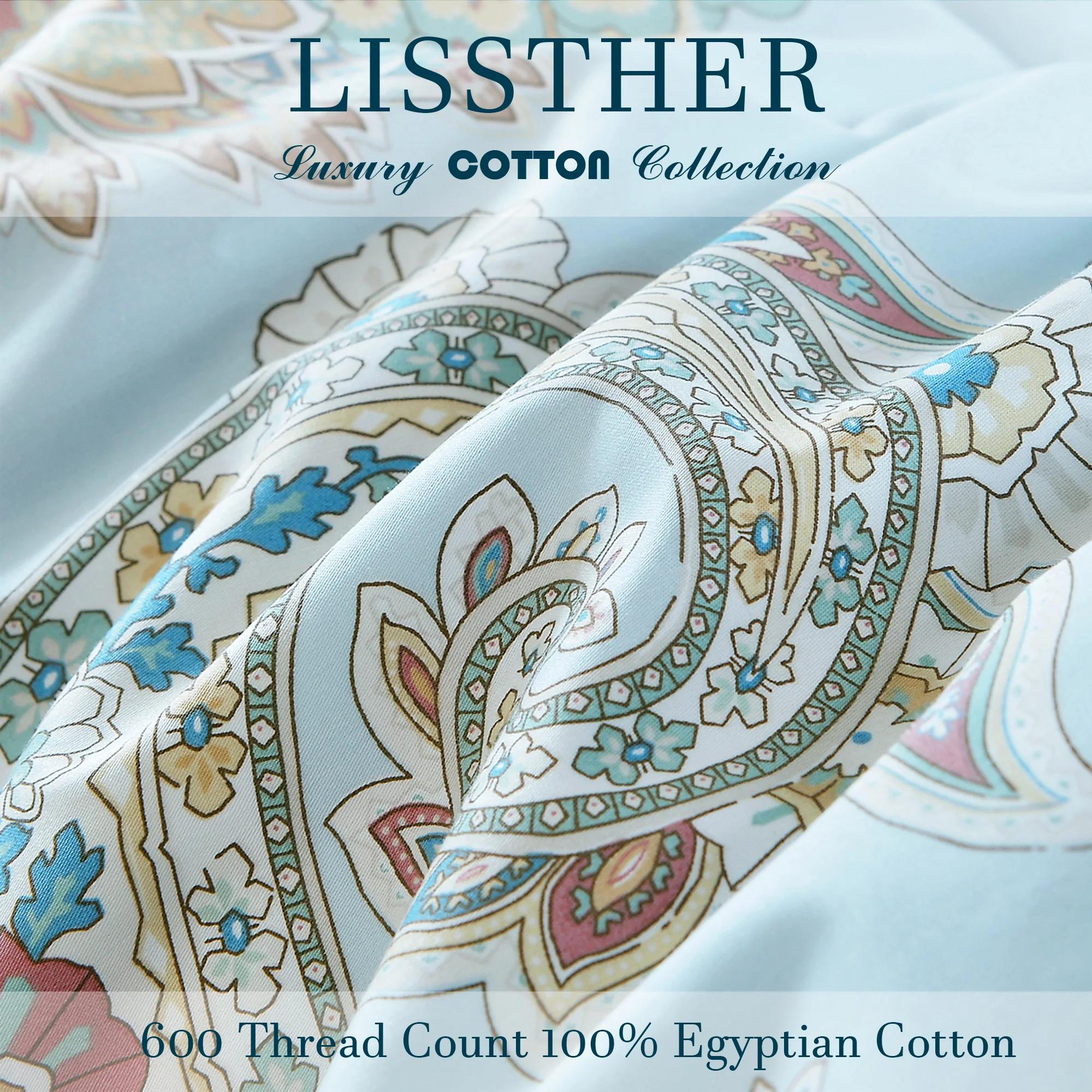 Ensemble de housses de sport en coton égyptien 600 TC 100%, sans noyau, motif floral de jardin bleu