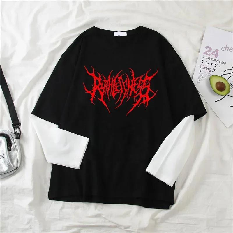 Mode Punk Style foncé imprimé col rond T-shirt Y2K Sport Harajuku mince femmes haut manches longues
