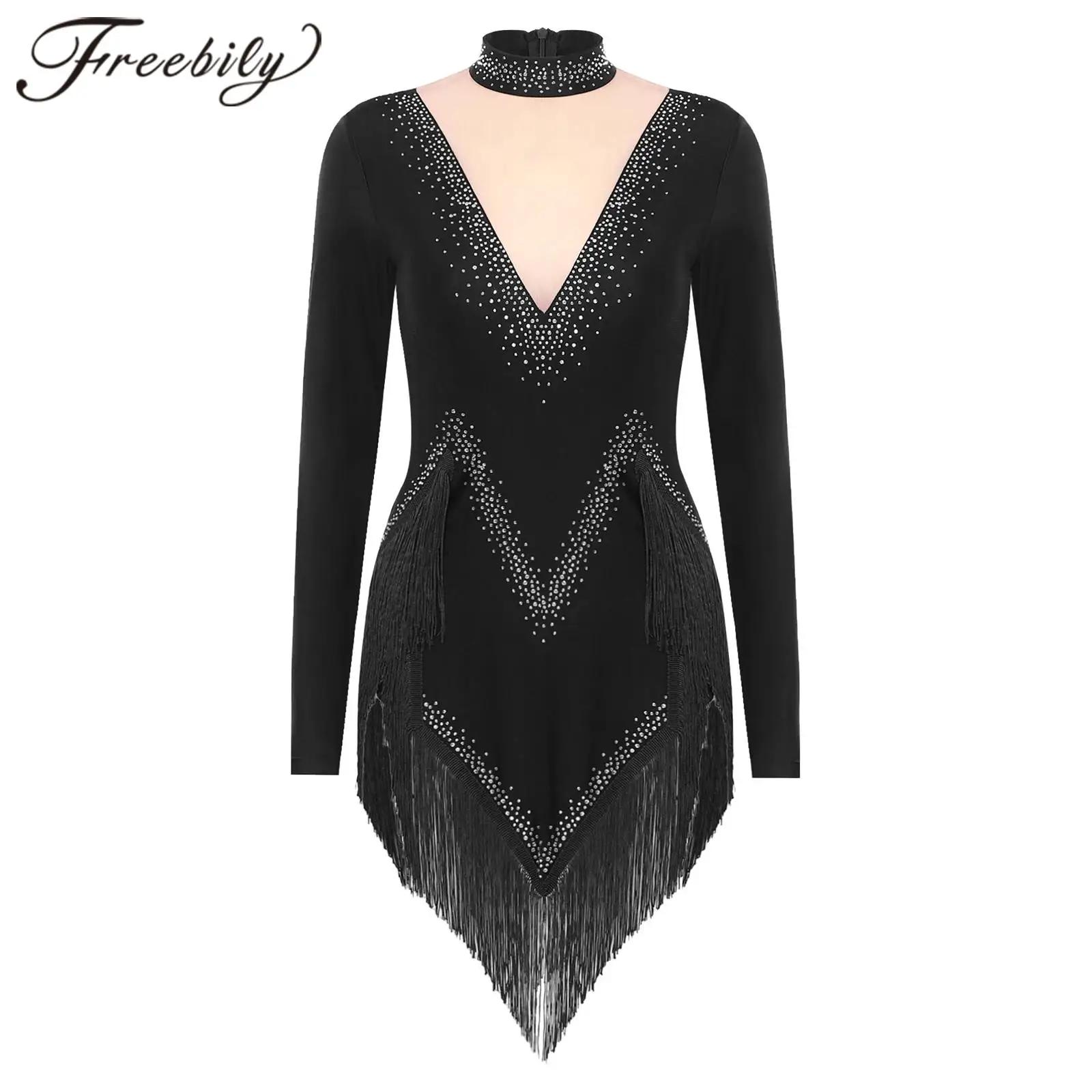 Body de danse latine à franges pour femmes, robe justaucorps à manches longues, vêtements de danse S