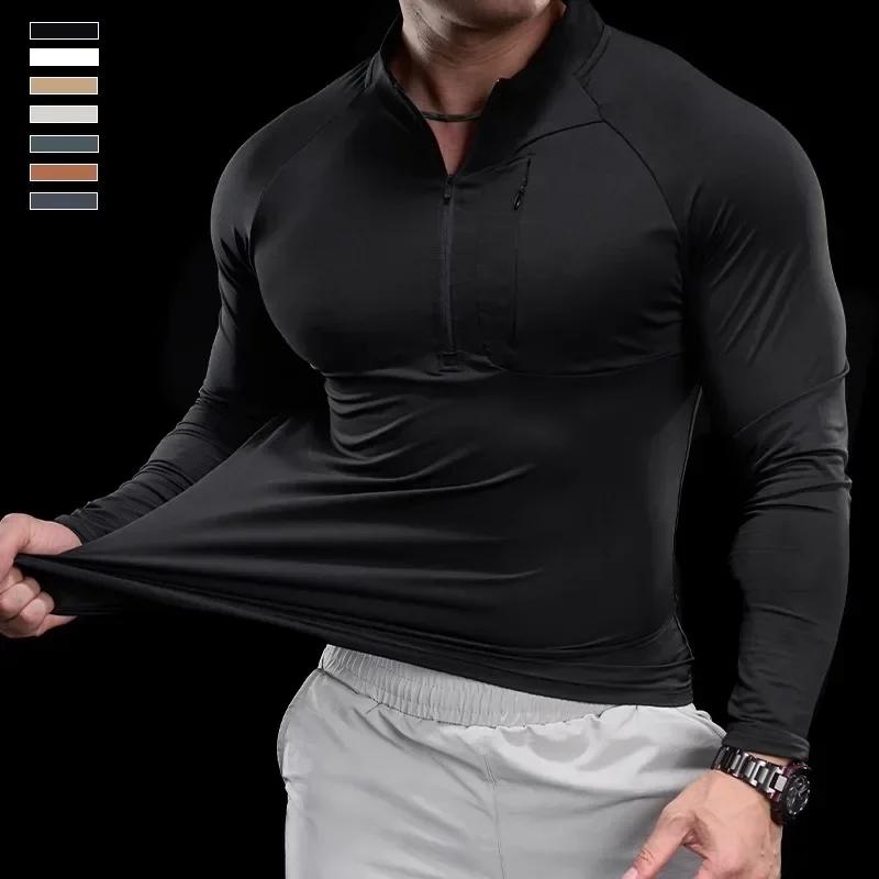 T-shirt à manches longues et col rond pour homme, vêtement de sport, de gymnastique, de course, d'en