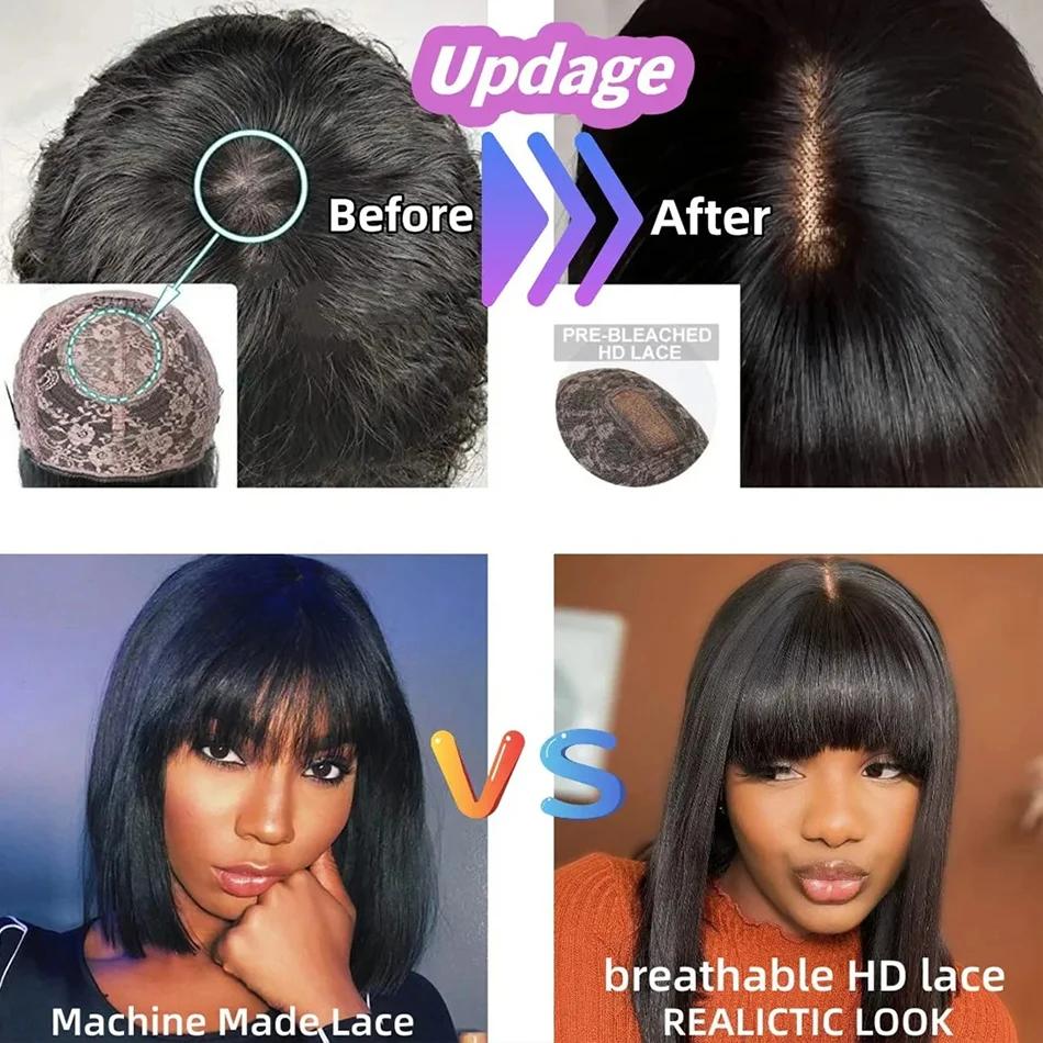 WiggKnitting-Perruque Bob Lace Wig avec Frange, Cheveux Naturels Lisses, Faite à la Machine, Partie