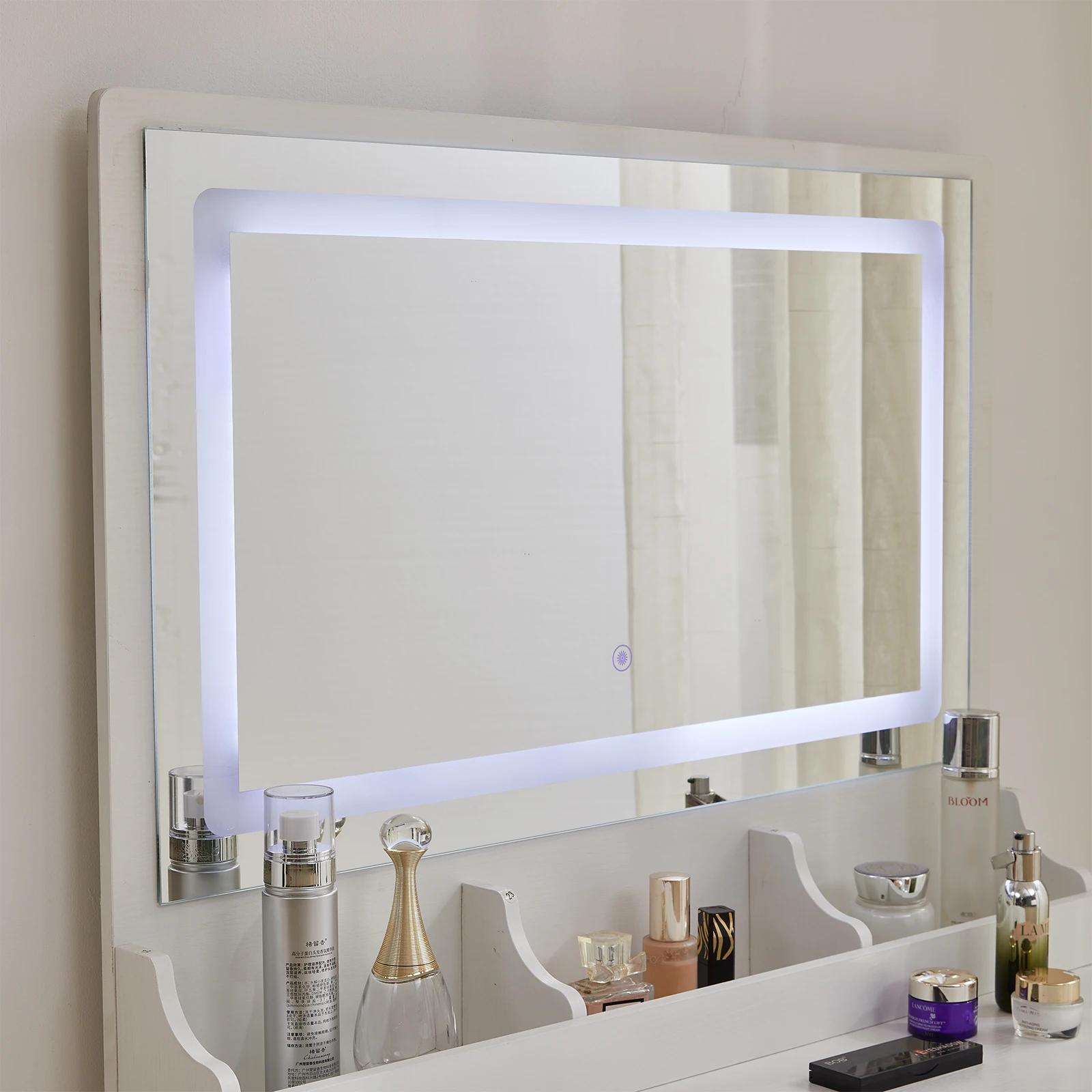 Bureau de maquillage avec lumières, vanity avec miroir ouvrable et 3 documents à intensité variable,