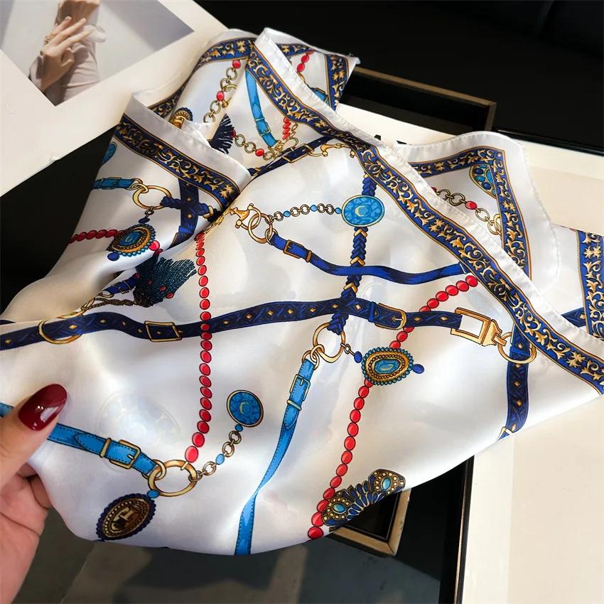 Petite écharpe carrée imprimée chaîne de luxe, fausse soie, foulard de cou fin, mode protection sola