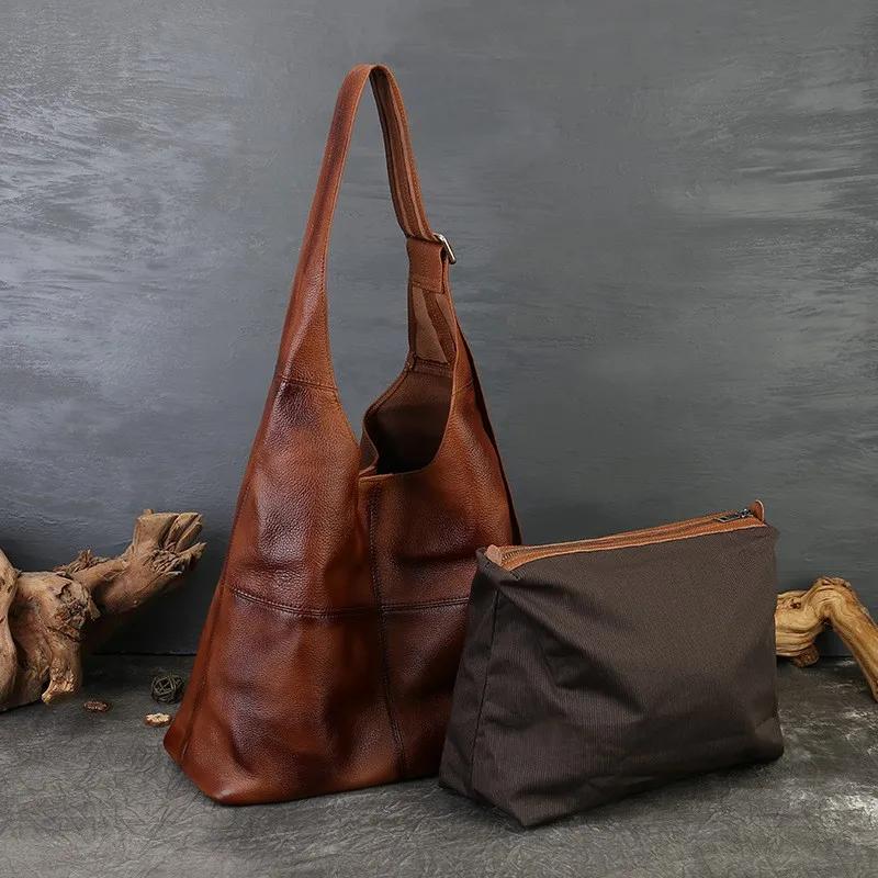 Sac fourre-tout Johnature 2026 en cuir véritable grande capacité, style vintage, en cuir de vachette