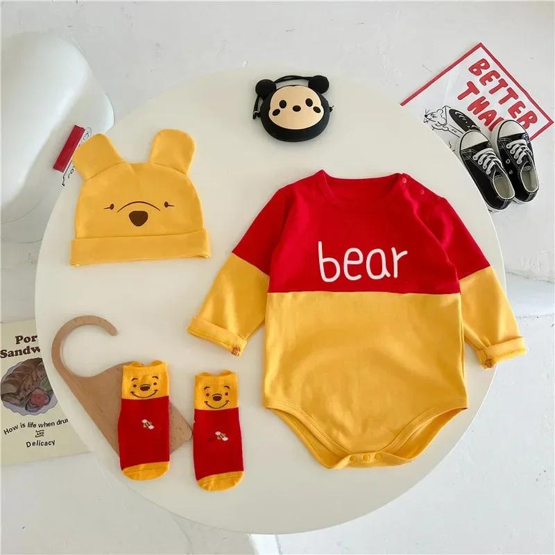 Combinaison Bébé Mickey Winnie Garçons Filles avec Chapeau et Chaussettes, Pyjama Anime Pooh Bear, V