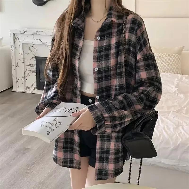 Chemise Tartan à manches longues pour femmes, col boutonné, surdimensionnée, à carreaux, veste Grung
