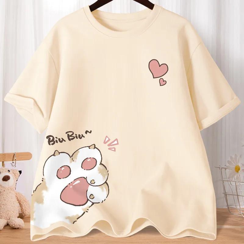 T-shirt à manches courtes pour femmes, ample, surdimensionné, avec griffe de chat douce, amour, impr