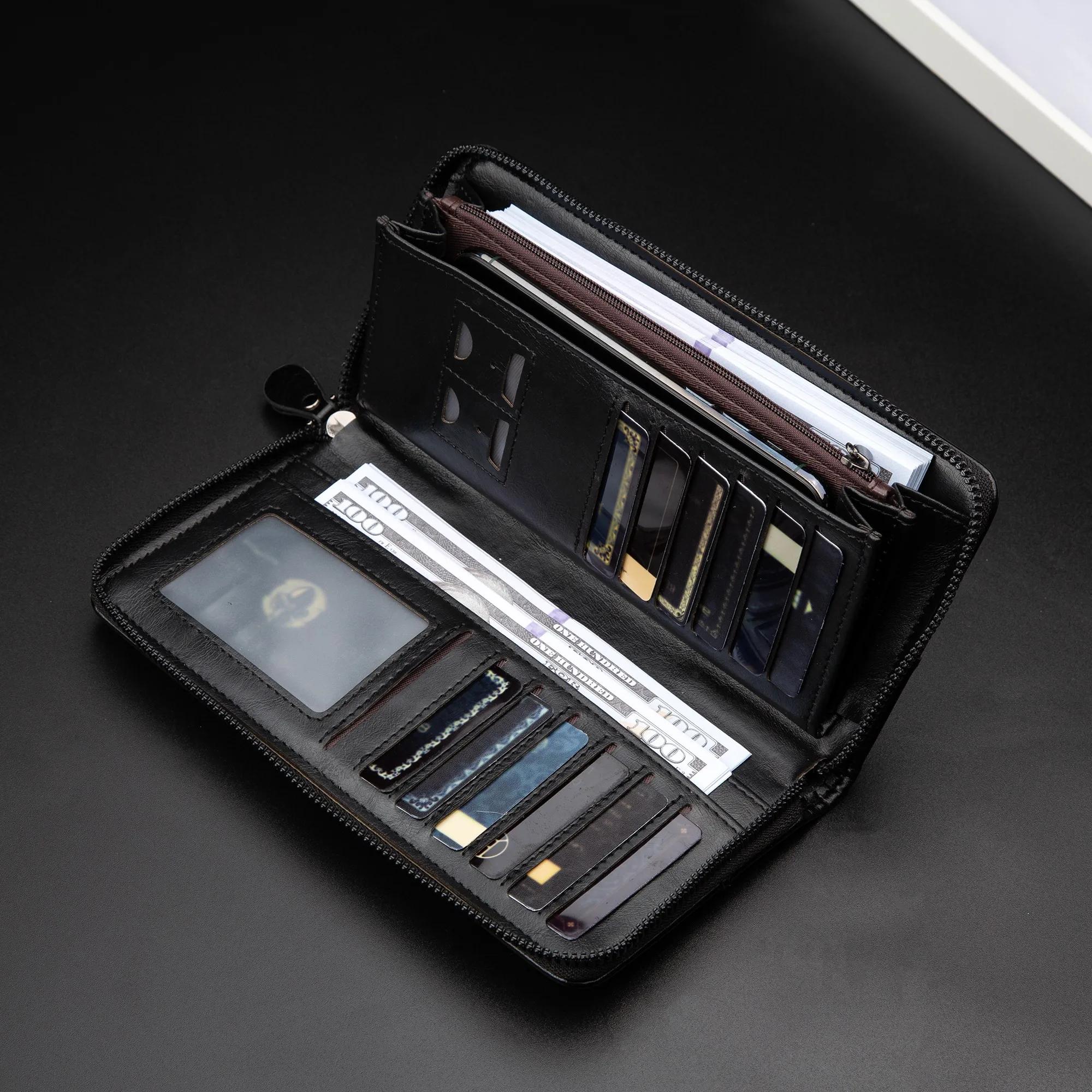 Portefeuille Long à fermeture éclair pour hommes, portefeuille en cuir Pu de haute qualité, blocage