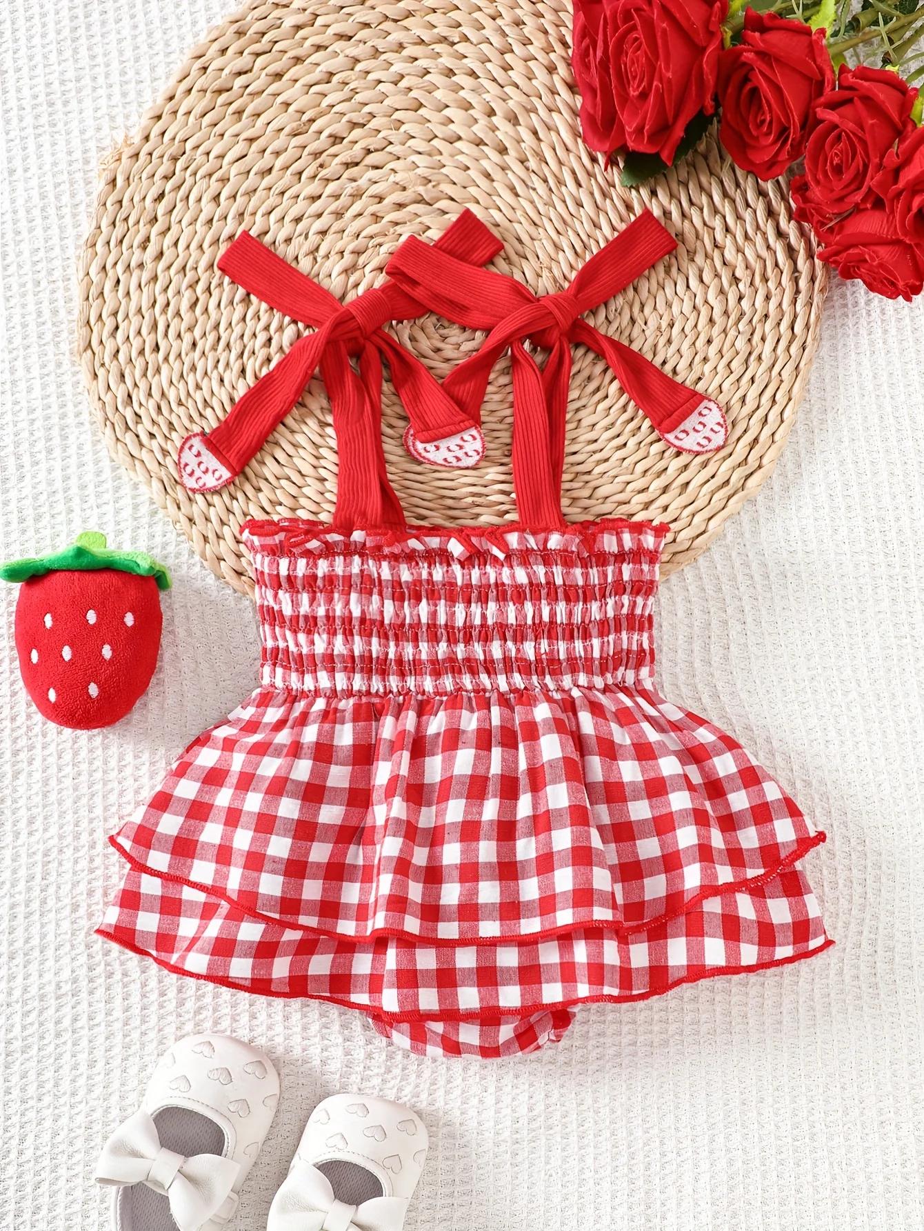 Robe barboteuse smockée à bretelles à nouer pour bébé fille – Corsage froncé extensible et jupe supe
