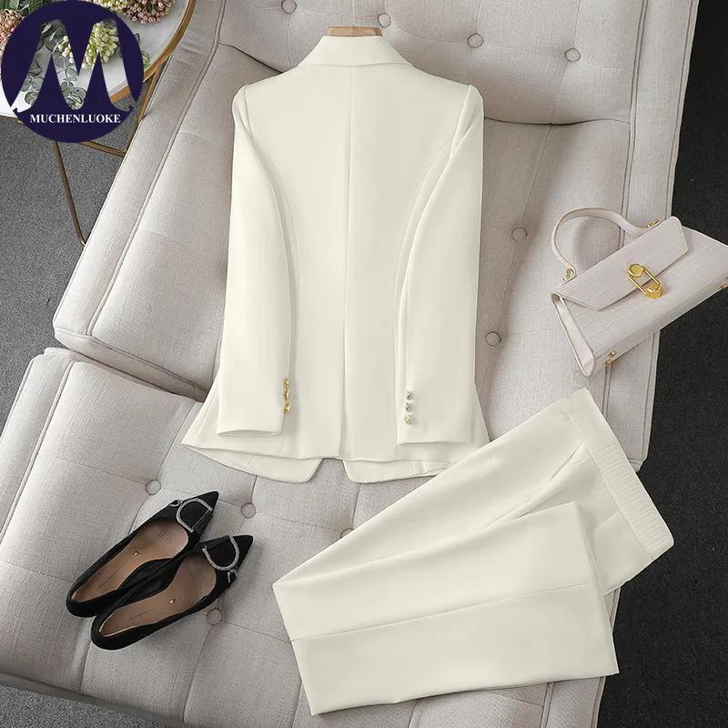 Ensemble deux pièces pour femmes, mode coréenne, blazer à manches longues et pantalon large, tenue d
