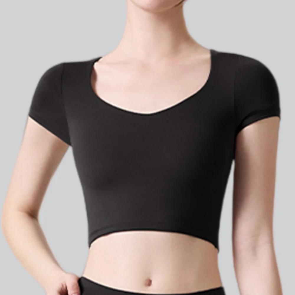 Haut de yoga pour femmes avec coussinets de poitrine, vêtements de fitness pour Pilates, t-shirt de